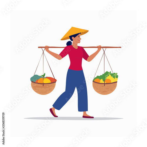 Woman carrying fruit and vegetable baskets in traditional attire