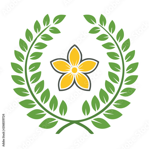 Yellow flower and green laurel wreath vector