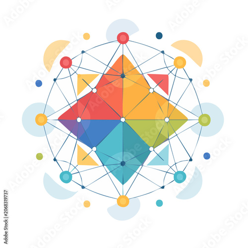 Abstract geometric network with colorful shapes and connections
