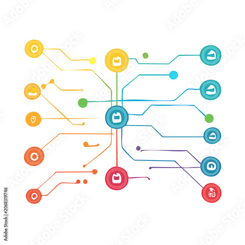 Abstract network diagram with colorful nodes and connections