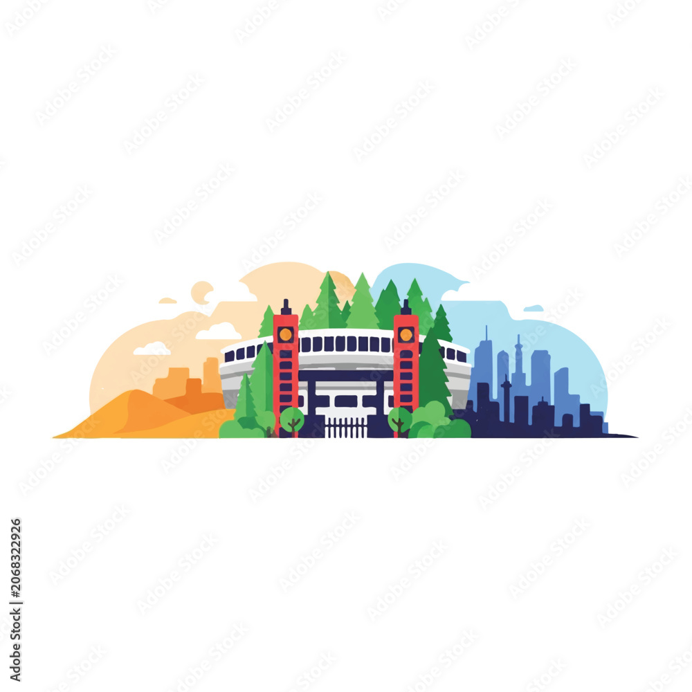 Fototapeta premium A minimalist flat vector of a stadium entrance stylized as a gateway between three different landscapes: a desert, a forest, and a cityscape. Limited 4-color palette. minimalist flat vector
