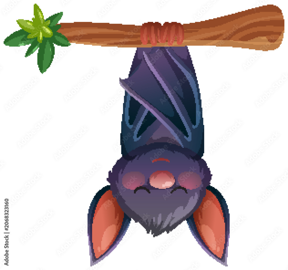 Fototapeta premium Cartoon Bat Hanging Upside Down from Tree Branch