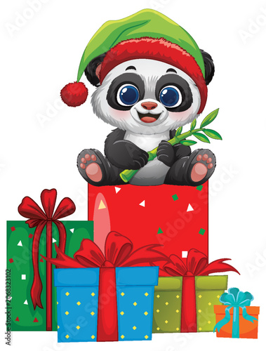 Cute Baby Panda Wearing Elf Hat Sitting on Christmas Gift Boxes