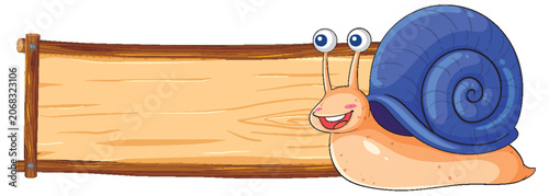 Cartoon Snail Character Next to Blank Wooden Signboard Illustration