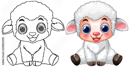 Cute Cartoon Lamb Vector Illustration with Line Art Coloring Page
