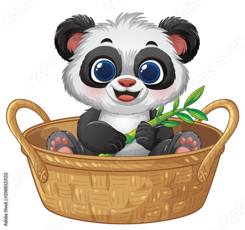 Cute Baby Panda Sitting in a Wicker Basket Holding Bamboo