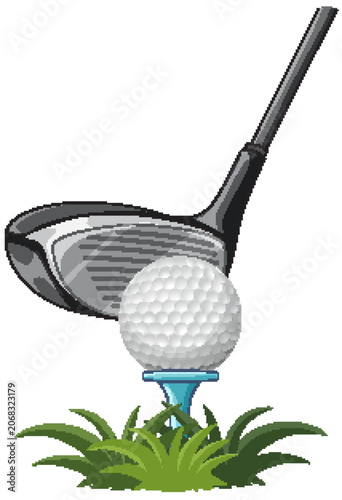 Golf Driver Club Aiming at Ball on Tee in Grass
