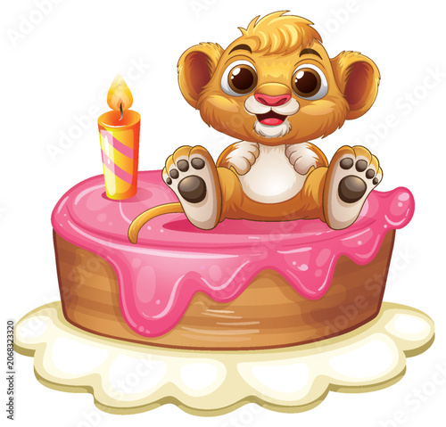 Cute Cartoon Baby Lion Sitting on a Pink Birthday Cake