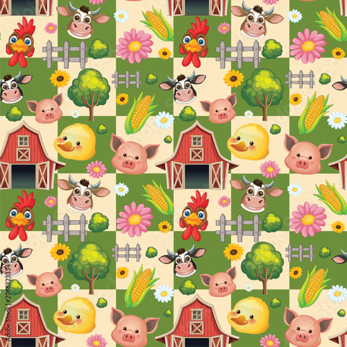 Seamless Vector Pattern with Cartoon Farm Animals and Barns