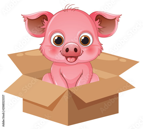 Cute Pink Cartoon Piglet Sitting Inside an Open Cardboard Box