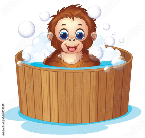 Cartoon Orangutan Character Taking a Bubble Bath in a Wooden Tub