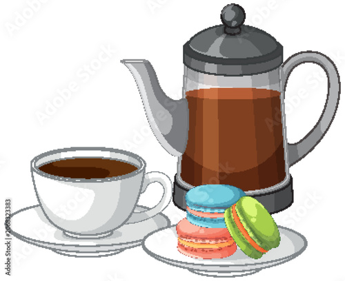 Vector Illustration of Coffee Pot with Cup and Colorful Macarons