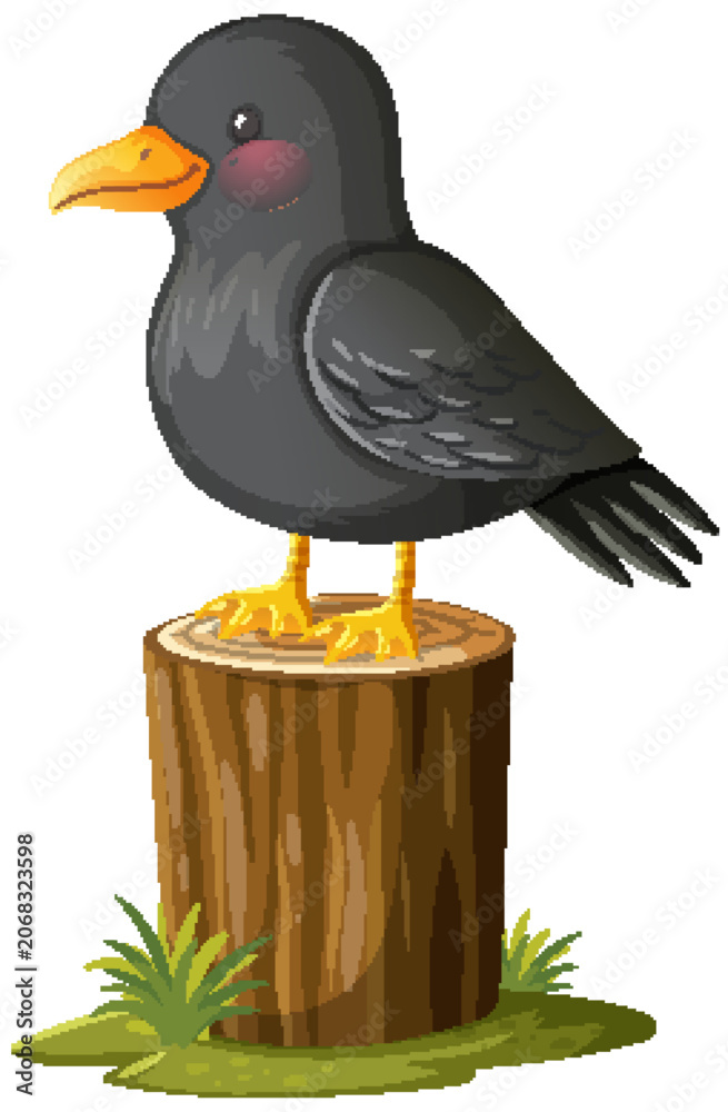 Fototapeta premium Cartoon Black Bird Perched on Tree Stump
