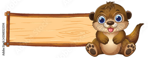 Cute Cartoon Otter Sitting Beside Blank Wooden Signboard Illustration
