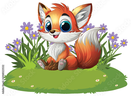 Adorable Vector Illustration of a Baby Fox Sitting in a Spring Meadow