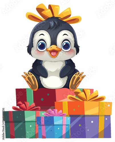Cute Cartoon Penguin Sitting on a Stack of Colorful Gift Boxes