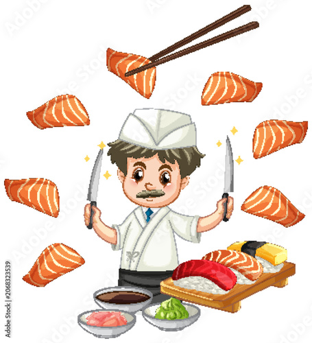 Cartoon Sushi Chef Holding Knives with Flying Salmon Slices and Nigiri