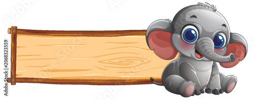 Cartoon Baby Elephant Character with Horizontal Wooden Banner for Text