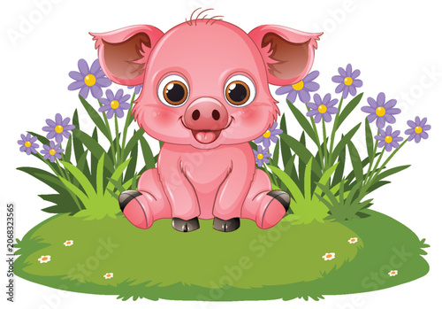 Adorable Pink Piglet Sitting on Green Grass with Purple Flowers