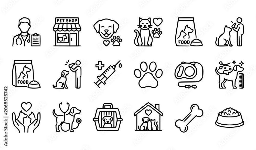 Fototapeta premium Veterinary and Pet Care Line Icons Set Vector Collection