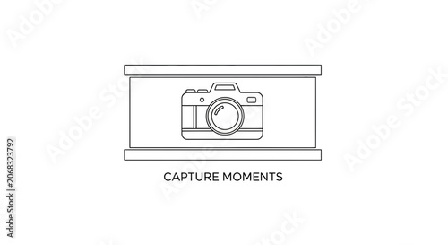 Retro Camera in Display Case, Capture Moments Text, Vintage Photography Concept