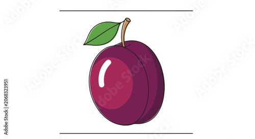 Ripe Plum Fruit with Leaf and Stem, Isolated on White Background