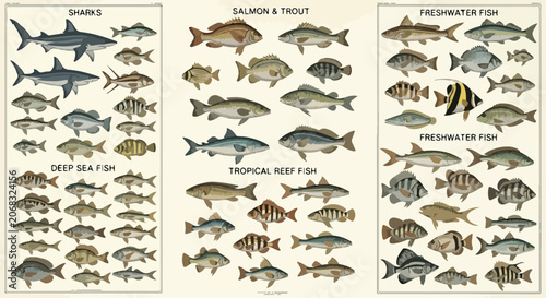 Vintage fish plates showcase an ichthyology illustration of diverse fish species arranged in a classic natural history