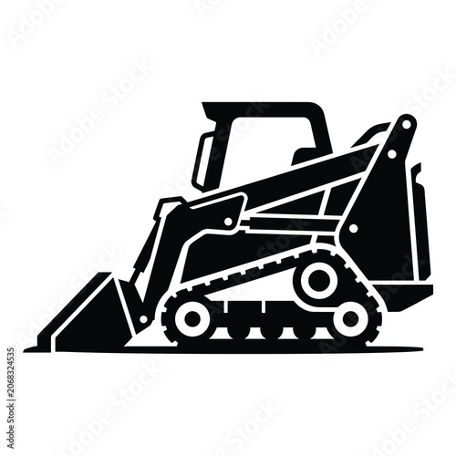 Black and white illustration of a skid steer loader machine  construction equipment icon