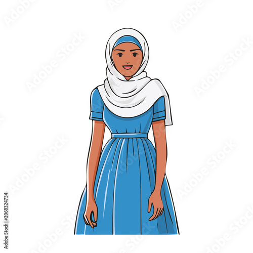 Woman in blue dress and white hijab illustration