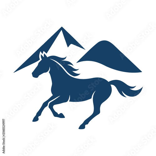 Blue horse running in front of mountain range silhouette icon