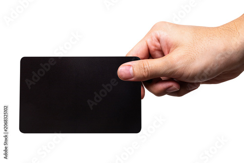Man hand hold black credit card isolated on white background with a clipping path.