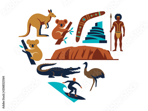 Bild auf Leinwand Australian Culture and Wildlife Heart Shaped Vector Illustration Set