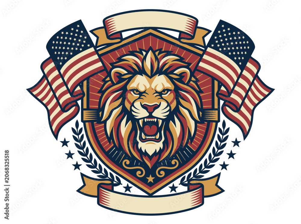 Obraz premium Patriotic Lion Mascot Logo with American Flags and Shield Emblem