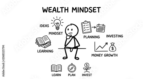 A hand drawn doodle of a person balancing learning, planning, and investing for money growth.