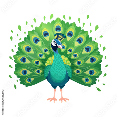 Fotografie Vibrant vector illustration of proud royal peacock standing gracefully with full
