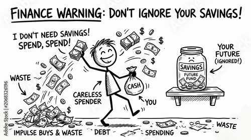 A hand drawn doodle illustration of a careless spender ignoring savings
