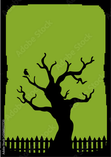 Silhouette of a spooky, gnarled dead tree with a perched crow against a green background, framed by a black border and a picket fence at the base.
