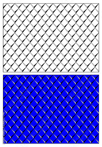 Two seamless geometric patterns featuring a diamond mesh grid, with the top version in grayscale on a white background and the bottom version set against a vibrant blue background.
