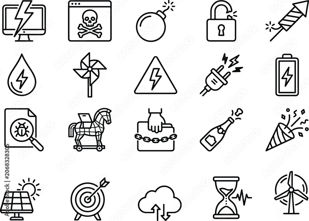 Obraz premium Cybersecurity Cyber Crime Computer Malware Vulnerability Renewable Energy and Celebration Event Line Icon Set