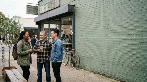 Diverse Friends Enjoying Coffee and Conversation Outside Cafe