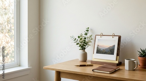 Minimalist Desktop Setup with Wooden Calendar and Eucalyptus
