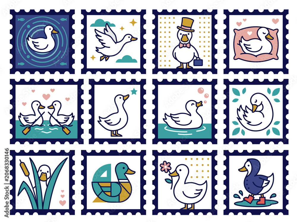 Obraz premium Cute Duck Postage Stamp Collection Vector Illustration