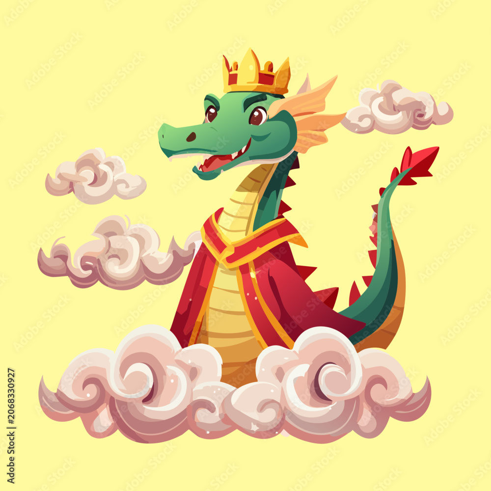 Fototapeta premium Proud green dragon character with a golden royal crown floating amongst white clouds for children bedroom wallpaper mythical storybook covers and merchandise