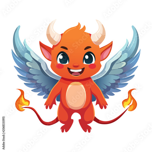 Friendly cartoon baby fire demon with orange wings standing confidently for casual mobile games children illustration branding and creative stickers