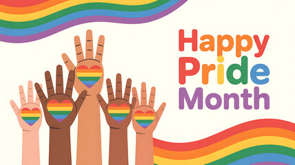 Hands with rainbow hearts celebrating happy pride month on white background