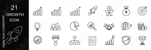 Growth icon set. Containing performance, gain, improvement, grow, chart, increase, evolution and development icons. Line icon collection. Vector illustration.
