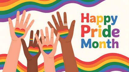 Hands with rainbow hearts celebrating happy pride month with colorful wavy lines
