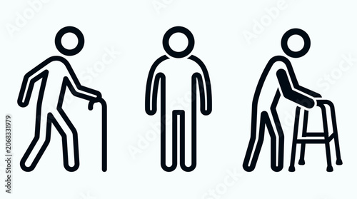 Modern black line icons representing elderly people with walking stick and walker frame.