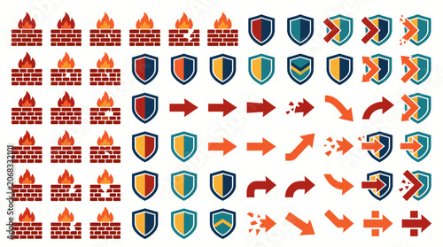 Network security firewall and shield protection icon set.