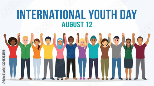 Multicultural young adults standing together with raised arms for International Youth Day.